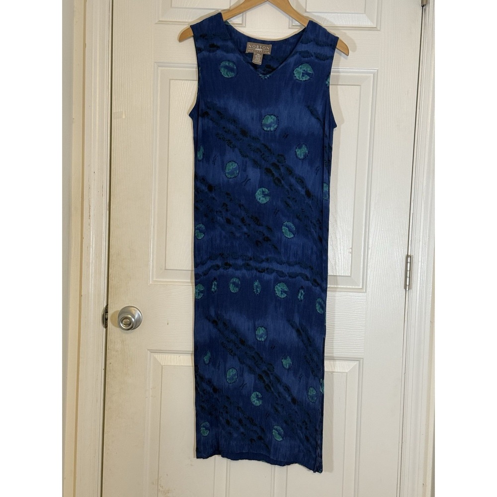 Vintage norton mcnaughton Blue Retro Artsy Rayon Long Casual dress Size  PXL